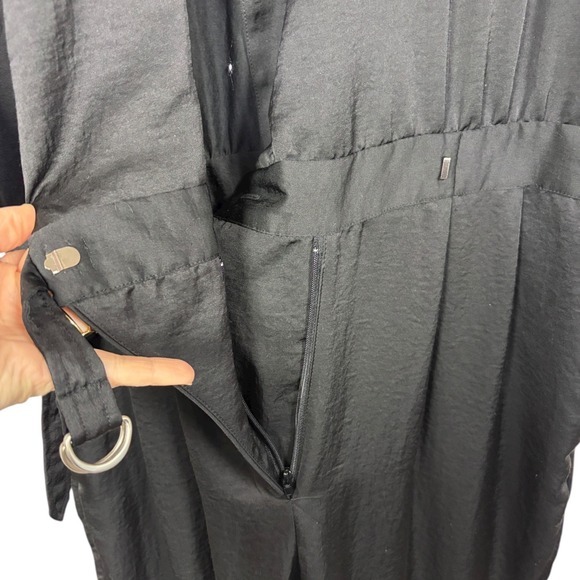 BEBE Black Satin Utility Jumpsuit Sz S Mock Neck Zip Tapered Leg Belted Y2K Goth - Picture 6 of 15